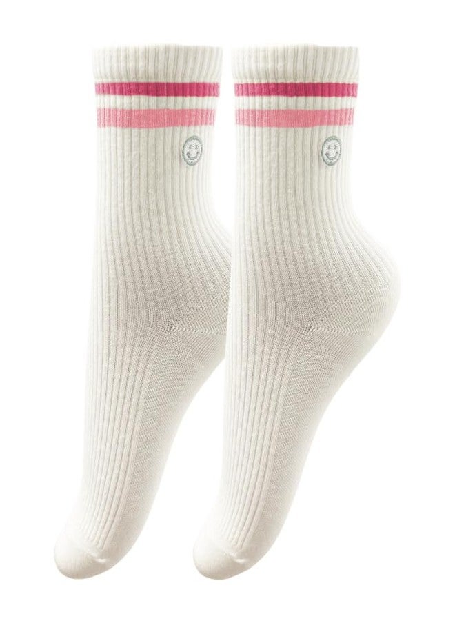PLZSITDOWN Womens Solid Color Two Stripe Crew Socks Casual Athletic Smiling Face Ankle Socks for women Girls Pink - Image 1